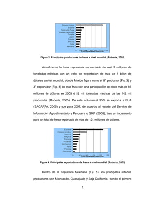 Figura 3. Principales productores de fresa a nivel mundial. (Roberts, 2005)



      Actualmente la fresa representa un mercado de casi 3 millones de

toneladas métricas con un valor de exportación de más de 1 billón de

dólares a nivel mundial, donde México figura como el 8° productor (Fig. 3) y

3° exportador (Fig. 4) de esta fruta con una participación de poco más de 87

millones de dólares en 2005 ó 52 mil toneladas métricas de las 162 mil

producidas (Roberts, 2005). De este volumen,el 95% se exporta a EUA

(SAGARPA, 2005) y que para 2007, de acuerdo al reporte del Servicio de

Información Agroalimentario y Pesquera o SIAP (2008), tuvo un incremento

para un total de fresa exportada de más de 124 millones de dólares.




    Figura 4. Principales exportadores de fresa a nivel mundial. (Roberts, 2005)



      Dentro de la República Mexicana (Fig. 5), los principales estados

productores son Michoacán, Guanajuato y Baja California, donde el primero


                                         7
 