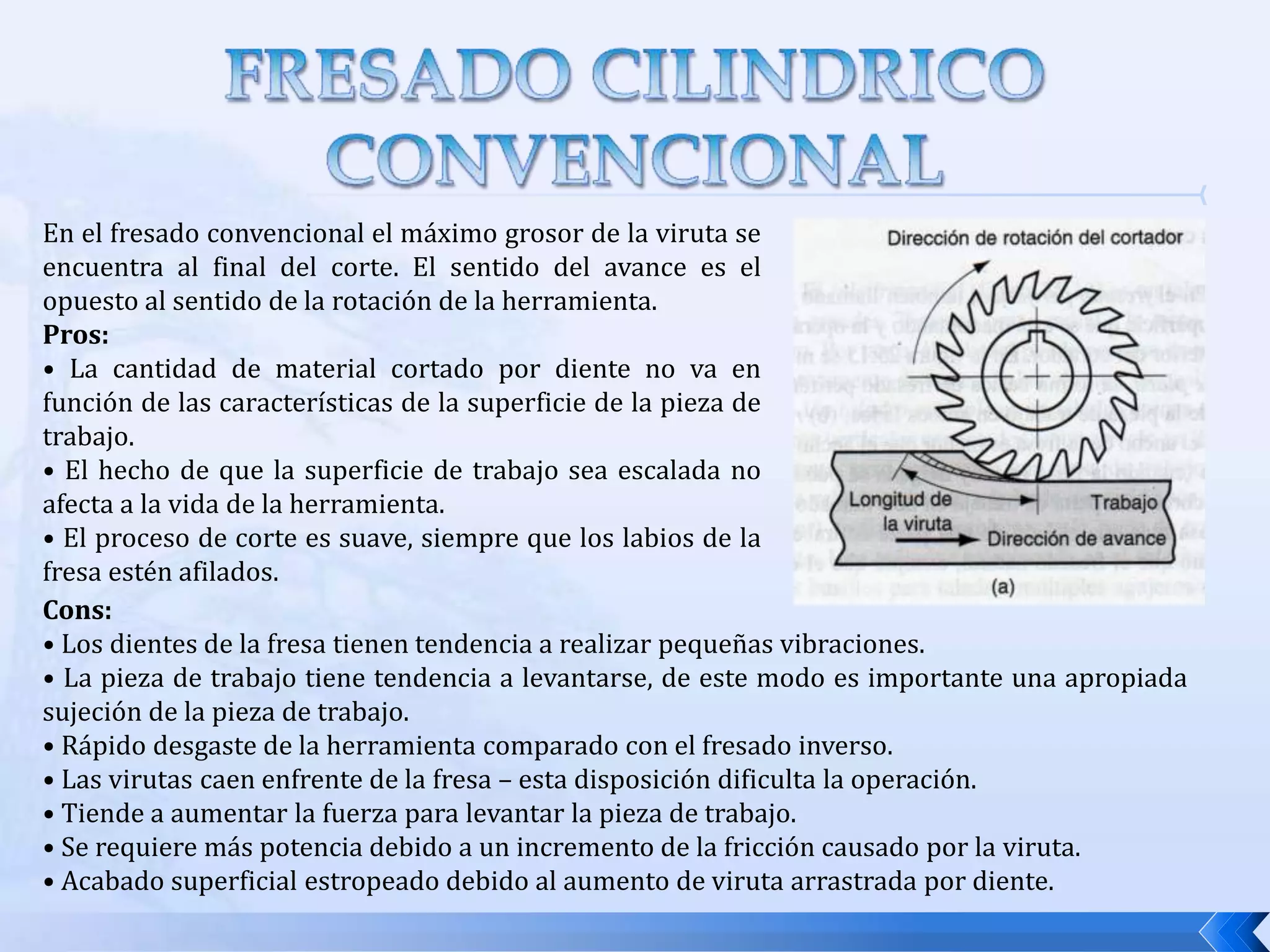 Fresado paralelo simultaneo: el cual es igual al fresado lateral, solo que el corte tiene lugar en ambos lados del trabajo.FRESADO CILINDRICOEn el fresado cilíndrico hay dos direcciones opuestas de rotación  que puede tener la fresa con respecto al trabajo. Estas direcciones distinguen dos formas de fresado:Fresado en oposición  o normal : también llamado fresado convencional, aquí la dirección de movimiento de los dientes de la fresa es opuesto a la dirección de avance cuando se realiza el arranque de viruta, es decir, cortan “contra el avance”.