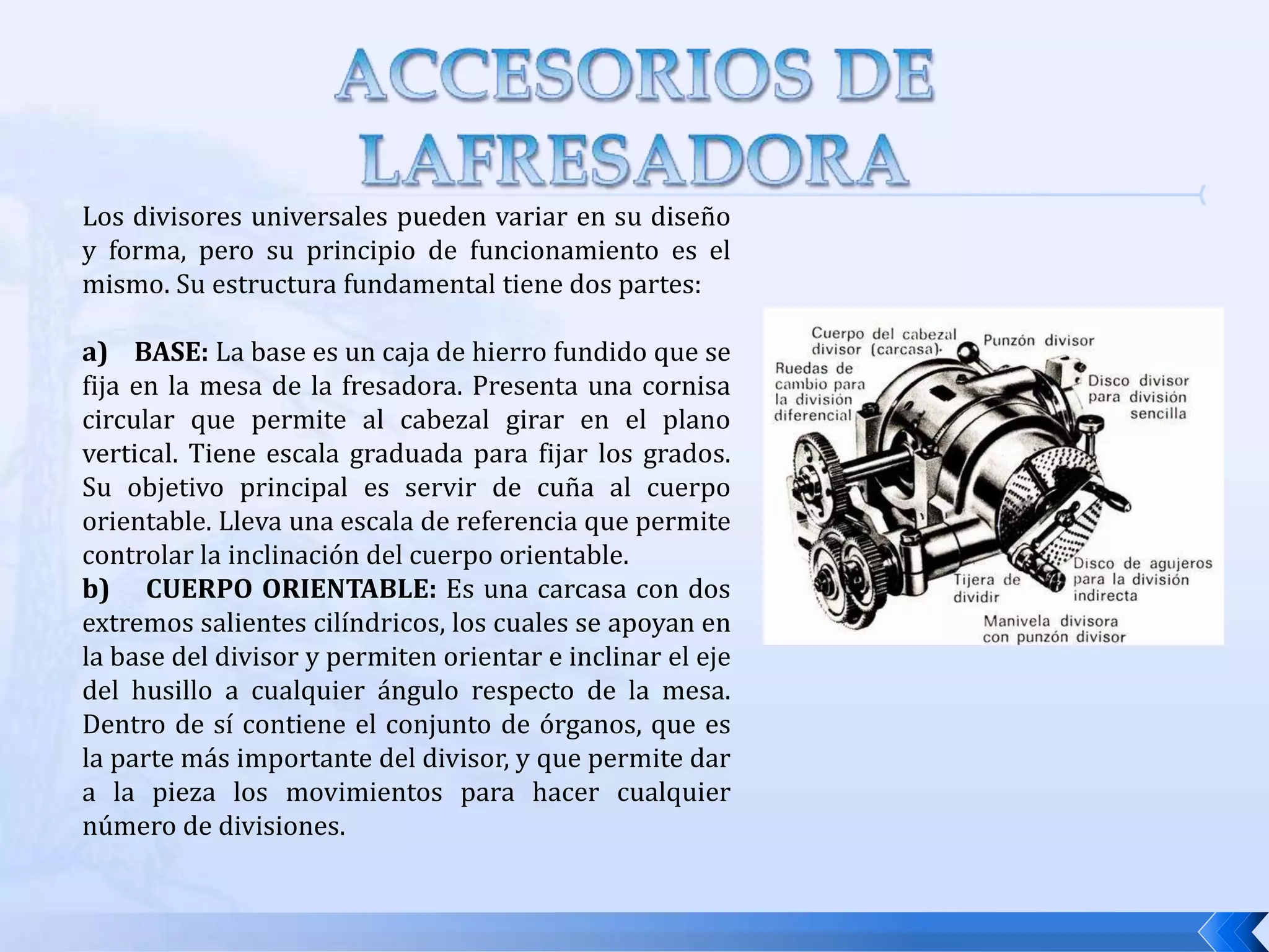 La espiga roscada recibe una tuerca que aprieta y fija la fresa en su posición definitiva a traves de anillos separadores, y asi impidiendo su salida del eje En este esquema se muestra un eje porta fresas largo con sus partes principales:Eje cilíndrico.Collar impulsor.Cuerpo cónico