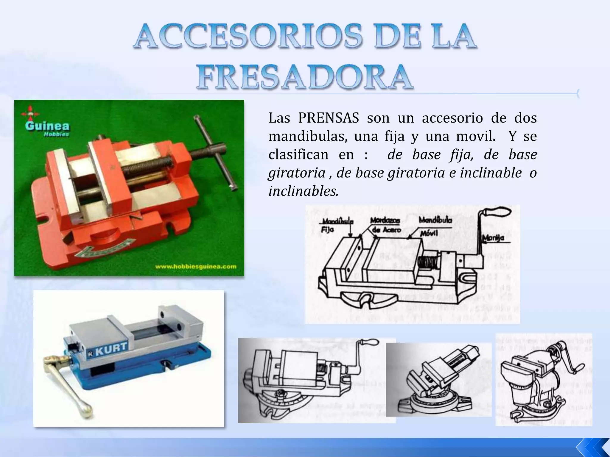 Buje guía: sirve  de apoyo al eje portafresas y evita la flexión excesiva del eje debido al esfuerzo durante el trabajo.TIRANTE O TORNILLO DE FIJACIONEJE PORTAFRESAS MONTADOAsí se ve el tornillo desde la parte de atrásTORNILLO DE FIJACION DEL EJE PORTAFRESASTORNILLO ENSAMBLADO CON EL EJE PORTAFRESAS: Así se vería internamente dentro de la fresadora