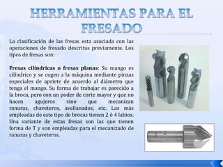 Fresado de perfiles: es una forma de fresado terminal en el cual se corta una parte plana de la periferiaFRESADO CONVENCIONALFRESADO PARCIAL DE CARASFRESADO DE PERFILESFRESADO TERMINAL