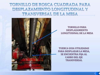 MOVIMIENTOS DE LA HERRAMIENTAEl principal movimiento de la herramienta es el giro sobre su eje. En algunas fresadoras también es posible variar la inclinación de la herramienta o incluso prolongar su posición a lo largo de su eje de giro. En las fresadoras de puente móvil todos los movimientos los realiza la herramienta mientras la pieza permanece inmóvil.