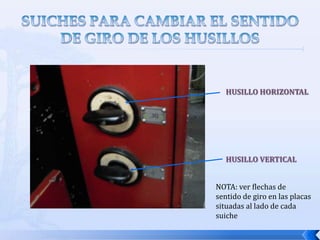 MOVIMIENTOS DE LA MESALa mesa de trabajo se puede desplazar de forma manual o automática con velocidades de avance de mecanizado o con velocidades de avance rápido en vacío. Para ello cuenta con una caja de avances expresados de mm/minuto, donde es posible seleccionar el avance de trabajo adecuado a las condiciones tecnológicas del mecanizado. Movimiento longitudinal (eje X): corresponde habitualmente al movimiento de trabajo. Para facilitar la sujeción de las piezas la mesa está dotada de unas ranuras en forma de T para permitir la fijación de mordazas u otros elementos de sujeción de las piezas y además puede inclinarse para el tallado de ángulos. Esta mesa puede avanzar de forma automática de acuerdo con las condiciones de corte que permita el mecanizado.Movimiento transversal (eje Y): corresponde al desplazamiento transversal de la mesa de trabajo. Movimiento vertical (eje Z): corresponde al desplazamiento vertical de la mesa de trabajo. Con el desplazamiento de este eje se establece la profundidad de corte del fresado.Giro respecto a un eje longitudinal: según el grado de libertad U. Se obtiene con un cabezal divisor o con una mesa oscilante.Giro respecto a un eje vertical: según el grado de libertad W. En algunas fresadoras se puede girar la mesa 45º a cada lado, en otras la mesa puede dar vueltas completas.