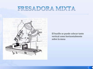 El movimiento de profundización, de perforación, o de profundidad de pasada es un tipo de movimiento de avance que se realiza para aumentar la profundidad del corte.COMPONENTES PRINCIPALES DE UNA FRESADORABastidor : es un cajón de fundición, de base reforzada, que contiene el motor y otros mecanismos de la fresadoraEje porta fresas o husillo principal: es el que sirve de soporte para las herramientas y le da el movimiento.Árbol porta fresas: es un arbon con bujes que sujetan un disco de corte o fresa circular.Soporte rígido del árbol porta fresas-Consola: sirve de apoyo para la mesa y sus mecanismos de accionamieentoMontante o guias de la consola.Esparrago roscado (Eje Z).Diales o arbol con tambor graduado eje z.Carro transversal:Soporte movilarbolportafresas.Topes mecánicos de la mesa para el avance automatico.Guia del carro transversalDial  o volante con tambor graduado carro transversal (eje y)MesaCaja de cambio de velocidades para el avance automático de la mesa.Transmisión cardán para el avance automatico de la mesa.Dial para el avance longitudinal de la mesa (eje x)Fresa.j.k.