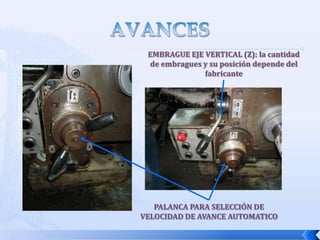 CARACTERISTICAS DE UNA FRESADORALas características de una fresadora son de especial importancia, ya que ellas nos permiten saber cuales trabajos podemos realizar en ella, y en general nos permite realizar los trabajos con mayor seguridad.Las principales características son:Dimensiones de la mesa: Largo (L) y ancho (a).Giro de la mesa en ambos sentidos: 0° ó 45°Máximo desplazamiento longitudinal de la mesa.Máximo desplazamiento transversal de la mesa.Máximo desplazamiento vertical de la consola.Máxima altura de la superficie de la mesa al husillo principal.Avances automáticos  en milímetros por  segundos.Velocidad y potencia del motor.Espacio que ocupa y peso.