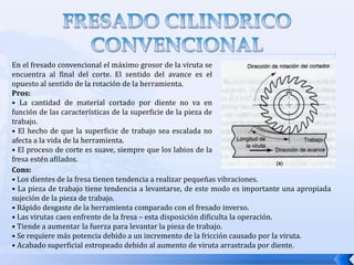 Fresado paralelo simultaneo: el cual es igual al fresado lateral, solo que el corte tiene lugar en ambos lados del trabajo.FRESADO CILINDRICOEn el fresado cilíndrico hay dos direcciones opuestas de rotación  que puede tener la fresa con respecto al trabajo. Estas direcciones distinguen dos formas de fresado:Fresado en oposición  o normal : también llamado fresado convencional, aquí la dirección de movimiento de los dientes de la fresa es opuesto a la dirección de avance cuando se realiza el arranque de viruta, es decir, cortan “contra el avance”.
