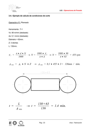 MAKINA
ERREMINTAREN
INSTITUTUA
INSTITUTO
DE MAQUINA
HERRAMIENTA
U.D. : Operaciones de Fresado
Pág.- 23 Area : Fabricación
ISO-9001ER-0633/1/98
3.4.- Ejemplo de calculo de condiciones de corte
Operación nº1: Planeado
Herramienta : T-1
Vc: 90 m/min (desbaste)
Az: 0.1 mm/z (desbaste)
Diámetro = 63mm.
Z: 3 dientes
L: 130mm.
c
c
V =
d N
1000
N =
1000 V
d
N =
1000 90
63
= 455 rpm
π
π π
• •
→
•
•
→
•
•
zA = A N Z A = 0,1 455 3 = 136mm / .min min min• • → • •
t =
L
A
t =
130+63
136
= 1.4 .
min
min→
 