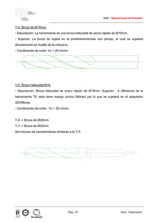 MAKINA
ERREMINTAREN
INSTITUTUA
INSTITUTO
DE MAQUINA
HERRAMIENTA
U.D. : Operaciones de Fresado
Pág.- 27 Area : Fabricación
ISO-9001ER-0633/1/98
T-4. Broca de Ø10mm:
- Descripción: La herramienta es una broca helicoidal de acero rápido de Ø10mm.
- Sujeción: La broca se sujeta en el portaherramientas con pinzas, el cual se sujetará
directamente en husillo de la máquina.
- Condiciones de corte: Vc = 20 m/min
T-5. Broca helicoidal Ø18.
- Descripción: Broca helicoidal de acero rápido de Ø18mm. Sujeción : A diferencia de la
herramienta T4, esta tiene mango cónico (Morse) por lo que se sujetará en el adaptador
ISO/Morse.
- Condiciones de corte : Vc = 20 m/min.
T-6 -> Broca de Ø26mm
T-7 -> Broca de Ø30mm
Son brocas de características similares a la T-5.
 