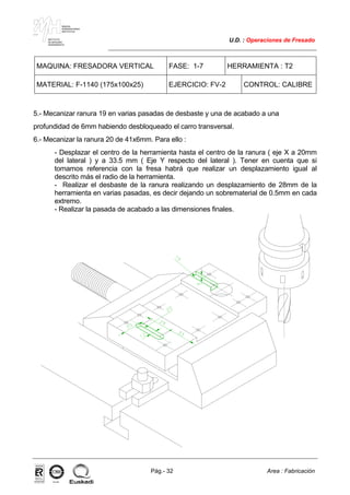 MAKINA
ERREMINTAREN
INSTITUTUA
INSTITUTO
DE MAQUINA
HERRAMIENTA
U.D. : Operaciones de Fresado
Pág.- 32 Area : Fabricación
ISO-9001ER-0633/1/98
MAQUINA: FRESADORA VERTICAL FASE: 1-7 HERRAMIENTA : T2
MATERIAL: F-1140 (175x100x25) EJERCICIO: FV-2 CONTROL: CALIBRE
5.- Mecanizar ranura 19 en varias pasadas de desbaste y una de acabado a una
profundidad de 6mm habiendo desbloqueado el carro transversal.
6.- Mecanizar la ranura 20 de 41x6mm. Para ello :
- Desplazar el centro de la herramienta hasta el centro de la ranura ( eje X a 20mm
del lateral ) y a 33.5 mm ( Eje Y respecto del lateral ). Tener en cuenta que si
tomamos referencia con la fresa habrá que realizar un desplazamiento igual al
descrito más el radio de la herramienta.
- Realizar el desbaste de la ranura realizando un desplazamiento de 28mm de la
herramienta en varias pasadas, es decir dejando un sobrematerial de 0.5mm en cada
extremo.
- Realizar la pasada de acabado a las dimensiones finales.
 