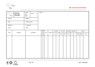 MAKINA
ERREMINTAREN
INSTITUTUA
INSTITUTO
DE MAQUINA
HERRAMIENTA
U.D. : Operaciones de Fresado)
Pág.- 38 Area : Fabricación
ISO-9001ER-0633/1/98
ER R
M AK
IN ST
IN STITUTO
D E M AQ U INA
H ER RAM IEN TA
HOJA DE
PROCESO.
Proceso
para . . . .
piezas
Hoja Nº . . . . de
. . . .
Croquis
Conjunto : Material :
Plano : Dimens. en bruto :
Realizado :
Fecha :
Comprobado :
Fecha :
Pasada Vel. Corte Avance Dimensión Tiempo
Fase Esquema Descripción
O
p
e
M
á
q
Hta. Control
n p m/m rpm mm/m/v d l Máq. Man. Pre.
 