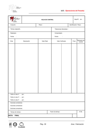 MAKINA
ERREMINTAREN
INSTITUTUA
INSTITUTO
DE MAQUINA
HERRAMIENTA
U.D. : Operaciones de Fresado)
Pág.- 39 Area : Fabricación
ISO-9001ER-0633/1/98
HOJA DE CONTROL Hoja Nº. . .de . . .
Conjunto : Plano : Identificación Pieza :
Tiempo asignado : Tolerancias Generales :
Realizado :
Fecha :
Comprobado :
Fecha :
Cota Descripción Valor Real Valor Verificado Final
Elemento de
Control
Fallo en cota nº . . . por :
Fallo en cota nº . . . por :
Fallo en cota nº . . . por :
Acciones correctoras :
Acciones correctoras :
Acciones correctoras :
Tiempo de retraso : Factor de tiempo : Vº.Bº.
NOTA FINAL
 
