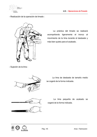 MAKINA
ERREMINTAREN
INSTITUTUA
INSTITUTO
DE MAQUINA
HERRAMIENTA
U.D. : Operaciones de Fresado
Pág.- 45 Area : Fabricación
ISO-9001ER-0633/1/98
- Realización de la operación de limado :
La práctica del limado se realizará
acompañando ligeramente el tronco al
movimiento de la lima durante el desbaste y
más bien quieto para el acabado.
- Sujeción de la lima :
La lima de desbaste de tamaño medio
se cogerá de la forma indicada.
La lima pequeña de acabado se
cogerá de la forma indicada.
 