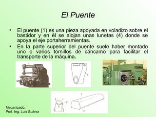 El Puente
• El puente (1) es una pieza apoyada en voladizo sobre el
bastidor y en él se alojan unas lunetas (4) donde se
apoya el eje portaherramientas.
• En la parte superior del puente suele haber montado
uno o varios tornillos de cáncamo para facilitar el
transporte de la máquina.
Mecanizado.
Prof. Ing. Luis Suárez
 