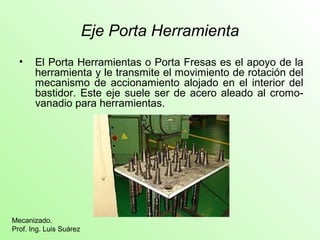 Eje Porta Herramienta
• El Porta Herramientas o Porta Fresas es el apoyo de la
herramienta y le transmite el movimiento de rotación del
mecanismo de accionamiento alojado en el interior del
bastidor. Este eje suele ser de acero aleado al cromo-
vanadio para herramientas.
Mecanizado.
Prof. Ing. Luis Suárez
 