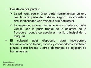 • Consta de dos partes:
 La primera, con el árbol porta herramientas, se une
con la otra parte del cabezal según una corredera
circular inclinada 45º respecto a la horizontal.
 La segunda, se une mediante una corredera circular
vertical con la parte frontal de la columna de la
fresadora, donde se acopla al husillo principal de la
máquina.
• El cabezal está dispuesto para incorporarle
herramientas de fresar, brocas y escariadores mediante
pinzas, porta brocas y otros elementos de sujeción de
herramientas.
Mecanizado.
Prof. Ing. Luis Suárez
 