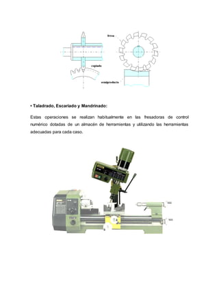 • Taladrado, Escariado y Mandrinado:
Estas operaciones se realizan habitualmente en las fresadoras de control
numérico dotadas de un almacén de herramientas y utilizando las herramientas
adecuadas para cada caso.
 
