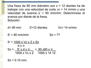 Una fresa de 90 mm diámetro con z = 12 dientes ha de
trabajar con una velocidad de corte vc = 14 m/min y una
velocidad de avance s' = 90 mm/min. Determínese el
avance por diente de la fresa.
Solución:
d= 90 mm Z=12 dientes Vc= 14 m/min
S’ = 90 mm/min Sz = ??
S’ = 1000 x Vc x Z x Sz
d x π
Sz = S’ x d x π__ = 90 x90 x π__
1000 x Vc x Z 1000 x 14 12
Sz = 0.15 mm.
 