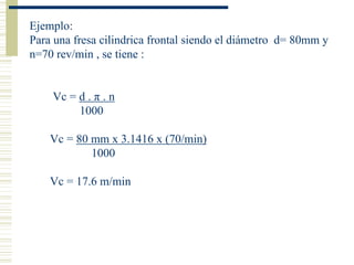 Ejemplo:
Para una fresa cilindrica frontal siendo el diámetro d= 80mm y
n=70 rev/min , se tiene :
Vc = d . π . n
1000
Vc = 80 mm x 3.1416 x (70/min)
1000
Vc = 17.6 m/min
 