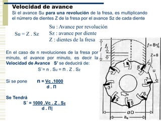 Velocidad de avance
Si el avance Su para una revolución de la fresa, es multiplicando
el número de dientes Z de la fresa por el avance Sz de cada diente
Su = Z . Sz
Su : Avance por revolución
Sz : avance por diente
Z : dientes de la fresa
En el caso de n revoluciones de la fresa por
minuto, el avance por minuto, es decir la
Velocidad de Avance S’ se deducirá de:
S´= n . Su = n . Z . Sz
Si se pone n = Vc .1000
d . Π
Se Tendrá
S´ = 1000 .Vc . Z . Sz
d . Π|
 