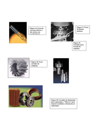 Figura 20. Cortador de desbastado
para engranajes y “Shavers” para
mejorar acabados y tolerancias en
engranajes.
Figura 18. Fresa
cortador de
campana.
Figura 16. Fresa de
extremo esférico y
dos estrías con
recubrimiento
Figura 17. Fresa
de dientes
postizos.
Figura 19.
Cortador para
fresado de
esquinas.
 