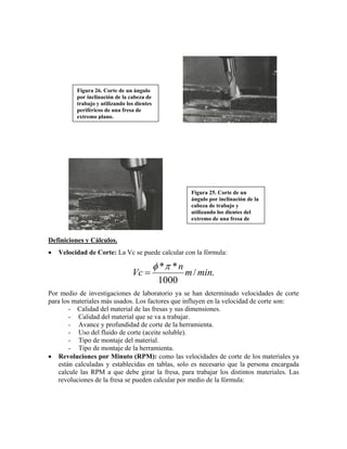 Figura 26. Corte de un ángulo
por inclinación de la cabeza de
trabajo y utilizando los dientes
periféricos de una fresa de
extremo plano.
Figura 25. Corte de un
ángulo por inclinación de la
cabeza de trabajo y
utilizando los dientes del
extremo de una fresa de
Definiciones y Cálculos.
• Velocidad de Corte: La Vc se puede calcular con la fórmula:
./
1000
**
minm
n
Vc
πφ
=
Por medio de investigaciones de laboratorio ya se han determinado velocidades de corte
para los materiales más usados. Los factores que influyen en la velocidad de corte son:
- Calidad del material de las fresas y sus dimensiones.
- Calidad del material que se va a trabajar.
- Avance y profundidad de corte de la herramienta.
- Uso del fluido de corte (aceite soluble).
- Tipo de montaje del material.
- Tipo de montaje de la herramienta.
• Revoluciones por Minuto (RPM): como las velocidades de corte de los materiales ya
están calculadas y establecidas en tablas, solo es necesario que la persona encargada
calcule las RPM a que debe girar la fresa, para trabajar los distintos materiales. Las
revoluciones de la fresa se pueden calcular por medio de la fórmula:
 