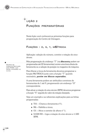 PROGRAMA DE CAPACITAÇÃO E ATUALIZAÇÃO TECNOLÓGICA DE DOCENTES – METAL MECÂNICA
1 2 81 2 81 2 81 2 81 2 8
LIÇÃOLIÇÃOLIÇÃOLIÇÃOLIÇÃO 22222
FFFFFUNÇÕESUNÇÕESUNÇÕESUNÇÕESUNÇÕES PREPPREPPREPPREPPREPARAARAARAARAARATÓRIASTÓRIASTÓRIASTÓRIASTÓRIAS
Nesta lição você conhecerá as primeiras funções para
programação do Centro de Usinagem.
FFFFFUNÇÕESUNÇÕESUNÇÕESUNÇÕESUNÇÕES ::::: OOOOO,,,,, SSSSS,,,,, TTTTT,,,,, MMMMM6/6/6/6/6/TROCATROCATROCATROCATROCA
Aplicação: seleção do número, corretor e rotação do eixo-
árvore.
Pela programação do endereço “T” (na discovery podem ser
programadas até 22 ferramentas) ocorre uma troca direta da
ferramenta ou a seleção da posição no magazine da máquina.
Para liberar a troca da ferramenta devemos programar a
função M6/TROCA junto com a função “T” quando
necessário, porém em blocos separados.
A uma ferramenta podem ser atribuídos corretores de
ferramentas de 1 até 9, programando um endereço “O”
correspondente.
Para ativar a rotação do eixo-árvore (RPM) devemos programar
a função “S” seguida do valor da rotação desejada.
Veja um exemplo e as referentes explicações para as linhas
programadas:
T01 – Chama a ferramenta nº1;
M6 – Habilita a troca;
O1 – Ativa o corretor de altura nº 1;
S1500 M3 – Liga a rotação do eixo-árvore a 1.500
RPM.
Modelo de
máquina fabricada
pela ROMI, que
serão utilizadas no
curso.
○ ○ ○ ○ ○ ○ ○ ○ ○ ○ ○ ○ ○ ○ ○ ○ ○ ○ ○ ○ ○ ○ ○ ○ ○ ○ ○ ○ ○ ○ ○ ○ ○ ○ ○ ○ ○ ○ ○ ○ ○ ○ ○ ○ ○ ○ ○ ○
 