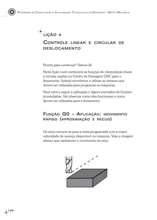 PROGRAMA DE CAPACITAÇÃO E ATUALIZAÇÃO TECNOLÓGICA DE DOCENTES – METAL MECÂNICA
1 4 01 4 01 4 01 4 01 4 0
LIÇÃOLIÇÃOLIÇÃOLIÇÃOLIÇÃO 44444
CCCCCONTROLEONTROLEONTROLEONTROLEONTROLE LINEARLINEARLINEARLINEARLINEAR EEEEE CIRCULARCIRCULARCIRCULARCIRCULARCIRCULAR DEDEDEDEDE
DESLOCAMENTODESLOCAMENTODESLOCAMENTODESLOCAMENTODESLOCAMENTO
Pronto para continuar? Vamos lá!
Nesta lição você conhecerá as funções de interpolação linear
e circular usadas no Centro de Usinagem CNC para o
fresamento. Saberá reconhecer e utilizar as sintaxes que
devem ser utilizadas para programar as máquinas.
Você verá a seguir a aplicação e alguns exemplos de funções
já estudadas. Vai observar como elas funcionam e como
devem ser utilizadas para o fresamento.
FFFFFUNÇÃOUNÇÃOUNÇÃOUNÇÃOUNÇÃO G0 – AG0 – AG0 – AG0 – AG0 – APLICAÇÃOPLICAÇÃOPLICAÇÃOPLICAÇÃOPLICAÇÃO::::: MOVIMENTOMOVIMENTOMOVIMENTOMOVIMENTOMOVIMENTO
RÁPIDORÁPIDORÁPIDORÁPIDORÁPIDO (((((APROXIMAÇÃOAPROXIMAÇÃOAPROXIMAÇÃOAPROXIMAÇÃOAPROXIMAÇÃO EEEEE RECUORECUORECUORECUORECUO)))))
Os eixos movem-se para a meta programada com a maior
velocidade de avanço disponível na máquina. Veja a imagem
abaixo que representa o movimento do eixo:
 