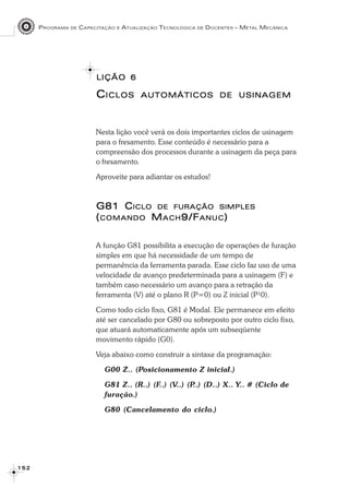 PROGRAMA DE CAPACITAÇÃO E ATUALIZAÇÃO TECNOLÓGICA DE DOCENTES – METAL MECÂNICA
1 5 21 5 21 5 21 5 21 5 2
LIÇÃOLIÇÃOLIÇÃOLIÇÃOLIÇÃO 66666
CCCCCICLOSICLOSICLOSICLOSICLOS AUTOMÁTICOSAUTOMÁTICOSAUTOMÁTICOSAUTOMÁTICOSAUTOMÁTICOS DEDEDEDEDE USINAGEMUSINAGEMUSINAGEMUSINAGEMUSINAGEM
Nesta lição você verá os dois importantes ciclos de usinagem
para o fresamento. Esse conteúdo é necessário para a
compreensão dos processos durante a usinagem da peça para
o fresamento.
Aproveite para adiantar os estudos!
G81 CG81 CG81 CG81 CG81 CICLOICLOICLOICLOICLO DEDEDEDEDE FURAÇÃOFURAÇÃOFURAÇÃOFURAÇÃOFURAÇÃO SIMPLESSIMPLESSIMPLESSIMPLESSIMPLES
(((((COMANDOCOMANDOCOMANDOCOMANDOCOMANDO MMMMMACHACHACHACHACH9/9/9/9/9/FFFFFANUCANUCANUCANUCANUC)))))
A função G81 possibilita a execução de operações de furação
simples em que há necessidade de um tempo de
permanência da ferramenta parada. Esse ciclo faz uso de uma
velocidade de avanço predeterminada para a usinagem (F) e
também caso necessário um avanço para a retração da
ferramenta (V) até o plano R (P=0) ou Z inicial (P¹0).
Como todo ciclo fixo, G81 é Modal. Ele permanece em efeito
até ser cancelado por G80 ou sobreposto por outro ciclo fixo,
que atuará automaticamente após um subseqüente
movimento rápido (G0).
Veja abaixo como construir a sintaxe da programação:
G00 Z.. (Posicionamento Z inicial.)
G81 Z.. (R..) (F..) (V..) (P..) (D..) X.. Y.. # (Ciclo de
furação.)
G80 (Cancelamento do ciclo.)
 