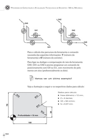 PROGRAMA DE CAPACITAÇÃO E ATUALIZAÇÃO TECNOLÓGICA DE DOCENTES – METAL MECÂNICA
1 6 21 6 21 6 21 6 21 6 2
Para o cálculo dos percursos da ferramenta o comando
necessita das seguintes informações: T (número da
ferramenta) e O (número do corretor).
Para ligar ou desligar a compensação de raio da ferramenta
G40, G41 ou G42 é preciso programar um comando de
posicionamento com G0 ou G1, com movimento de pelo
menos um eixo (preferencialmente os dois).
VVVVVamos ver um último exemplo?amos ver um último exemplo?amos ver um último exemplo?amos ver um último exemplo?amos ver um último exemplo?
Veja a ilustração a seguir e os respectivos dados para cálculo:
Dados para cálculo:
fresa diâmetro = 12 mm;
Z = 4 dentes;
VC = 50 m/min;
fz = 0,07 mm.
 