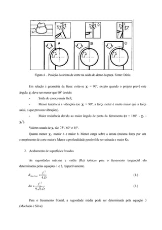 Figura 4 – Posição da aresta de corte na saída do dente da peça. Fonte: Diniz.
Em relação à geometria da fresa: evita-se χr = 90º, exceto quando o projeto prevê este
ângulo. χr deve ser menor que 90º devido:
- Saída do cavaco mais fácil;
- Menor tendência a vibrações (se χr = 90º, a força radial é muito maior que a força
axial, o que provoca vibrações).
- Maior resistência devido ao maior ângulo de ponta da ferramenta (εr = 180º - χr –
χr’).
Valores usuais de χr são 75º, 60º e 45º.
Quanto menor χr, menor h e maior b. Menor carga sobre a aresta (mesma força por um
comprimento de corte maior). Menor a profundidade possível de ser usinada e maior Ks.
2. Acabamento de superfícies fresadas
As rugosidades máxima e média (Ra) teóricas para o fresamento tangencial são
determinadas pelas equações 1 e 2, respectivamente.
D
f
R z
TeorMax
.4
2
= (1.)
D
f
Ra z
.3.9
2
= (2.)
Para o fresamento frontal, a rugosidade média pode ser determinada pela equação 3
(Machado e Silva):
 