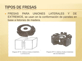 TIPOS DE FRESASFRESAS PARA PERFILES REGULARES, se consideran las fresas de rebajes rectos fijos y expandibles, para plataforma, rebajes angulares y multiperfiles.