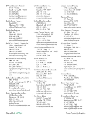 DeGrandchamp’s Nursery                KM Spooner Farms Inc.              Oregon Exotics Nursery
   15575 77th St                        9710 SR 162 E                       1065 Messinger Rd
   South Haven, MI 49090                Puyallup, WA 98374                  Grants Pass, OR 97527
   616-637-3915                         253-845-5519                        541- 846-7578
   616-637-2513                         253-845-5717 FAX                    541-846-9488 FAX
   info@degrandchamps.com               spoonerkm@aol.com
                                                                         Raintree Nursery
   www.degrandchamps.com                www.spoonerfarms.com
                                                                            391 Butts Rd
Edible Forest Nursery                 Krohne Plant Farms Inc.               Morton, WA 98356
   Box 260195                            65295 CR342                        360-496-6400
   Madison, WI 53726                     Hartford, MI 49057                 888-770-8358 FAX
   edforest55@hotmail.com                616-424-5423                       www.raintreenursery.com
                                         616-424-3126 FAX
Edible Landscaping                                                       Saint Lawrence Nurseries
   P.O. Box 77                        Lassen Canyon Nursery Inc.             325 State Hwy 345
   Afton, VA 22920                        1300 Salmon Creek Rd               Potsdam, NY 13676
   434-361-9134                           Redding, CA 96003                  315-265-6739
   434-361-1916 FAX                       530-223-1075                       trees@sln.potsdam.ny.us
   www.ediblelandscaping.com              530-223-6754 FAX                   www.sln.potsdam.ny.us
                                          info@lassencanyonnursery.com
Fall Creek Farm & Nursery Inc.                                           Sakuma Bros Farms Inc.
                                          www.lassencanyonnursery.com
     39318 Jasper-Lowell Rd                                                 P.O. Box 427
     Lowell, OR 97452                 Lewis Nursery and Farms Inc.          Burlington, WA 98233
     541-937-2973                        3500 NC Hwy 133                    360-757-6611
     541-937-3373 FAX                    West Rocky Point, NC 28457         360-757-3936 FAX
     berries@fallcreeknursery.com        910-675-2394                       craigf@sakumabros.com
     www.fallcreeknursery.com            910-602-3106 FAX
                                                                         Southmeadow Fruit Gardens
Hartmann’s Plant Company              Norcal Nursery Inc.                   P.O. Box 211
   P.O. Box 100                          P.O. Box 1012                      Baroda, MI 49101
   Locata, MI 49063                      Red Bluﬀ, CA 96080                 616-422-2411
   616-253-4281                          530-527-6200                       616-422-1464 FAX
   616-253-4457 FAX                      530-527-2921 FAX                   smfruit@aol.com
   info@hartmannsplantcompany.                                              www.southmeadowfruitgardens.
                                      Northwind Nursery & Orchards
   com                                                                      com
                                         7910-335th Ave NW
   www.hartmannsplantcompany.
                                         Princeton, MN 55371             Spooner Farms
   com
                                         612-389-4920                       9710 SR 162 East
Indiana Berry & Plant Co, LLC            northwind9@juno.com                Puyallup, WA 98374
    5218 W 500                                                              800-532-5487
                                      Nourse Farms Inc.
    South Huntingburg, IN 47542
                                         41 River Rd                     Tower View Nursery Inc.
    812-683-3055
                                         South Deerﬁeld, MA 01373           70912 CR 388
    812-683-2004 FAX
                                         413-665-2658                       South Haven, MI 49090
    berryinfo@inberry.com
                                         413-665-7888 FAX                   616-637-1279
    www.inberry.com/index2.html
                                         info@noursefarms.com               616-637-6257 FAX
Jersey Asparagus Farms Inc.              www.noursefarms.com                mnnelson@btc-bci.com
     105 Porchtown Rd
                                      One Green World                    Tripple Brook Farm, Inc.
     Pittsgrove, NJ 08318
                                         28696 S Cramer Rd                   37 Middle Rd
     800-499-0013
                                         Molalla, OR 97038                   Southampton, MA 01073
     856-358-6127 FAX
                                         503-651-3005                        413-527-4626
     jaf@jaﬁnc.com
                                         800-418-9983 FAX                    413-527-9853 FAX
     http://www.jerseyasparagus.com
                                         www.onegreenworld.com               info@tripplebrookfarm.com
                                                                             www.tripplebrookfarm.com

Página 28     ATTRA                                                             Fresas: Producción Orgánica
 
