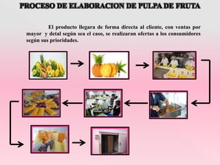 PROCESO DE ELABORACION DE PULPA DE FRUTA
El producto llegara de forma directa al cliente, con ventas por
mayor y detal según sea el caso, se realizaran ofertas a los consumidores
según sus prioridades.
 