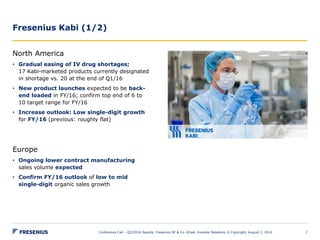 Fresenius Kabi (1/2)
Conference Call – Q2/2016 Results, Fresenius SE & Co. KGaA, Investor Relations © Copyright, August 2, 2016 7
North America
• Gradual easing of IV drug shortages;
17 Kabi-marketed products currently designated
in shortage vs. 20 at the end of Q1/16
• New product launches expected to be back-
end loaded in FY/16; confirm top end of 6 to
10 target range for FY/16
• Increase outlook: Low single-digit growth
for FY/16 (previous: roughly flat)
Europe
• Ongoing lower contract manufacturing
sales volume expected
• Confirm FY/16 outlook of low to mid
single-digit organic sales growth
 