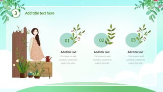 3 Add title text here
02
01 03
Add title text
Click here to add
content, content to
match the title.
Add title text
Click here to add
content, content to
match the title.
Add title text
Click here to add
content, content to
match the title.
 