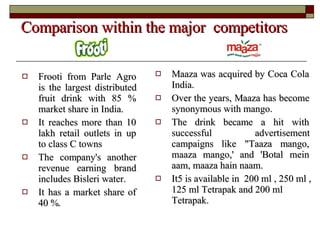 Comparison within the major  competitors  Frooti from Parle Agro is the largest distributed fruit drink with 85 % market share in India. It reaches more than 10 lakh retail outlets in up to class C towns  The company's another revenue earning brand includes Bisleri water. It has a market share of 40 %.  Maaza was acquired by Coca Cola India. Over the years, Maaza has become synonymous with mango. The drink became a hit with successful advertisement campaigns like "Taaza mango, maaza mango,' and 'Botal mein aam, maaza hain naam. It5 is available in  200 ml , 250 ml , 125 ml Tetrapak and 200 ml Tetrapak. 