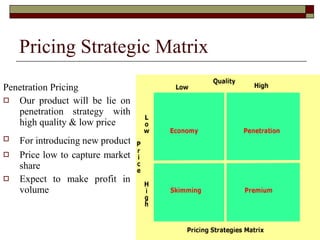 Pricing Strategic Matrix Penetration Pricing Our product will be lie on penetration strategy with high quality & low price For introducing new product   Price low to capture market share  Expect to make profit in volume  