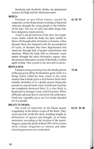 Smoking and alcoholic drinks are paramount
reasons for high and low blood pressures.
BOILS:
Purulent or pus-filled tumors caused by 61 30 55
impurities in the blood stream resulting in bacterial
infection through the sweat glands or the follicles
of the hair. The use of sulfa and other drugs may
have dangerous repercussions.
A boil is not an infection of the skin, but simply
waste matter which the body has been unable to
throw off through other eliminative channels, either
because these are impacted with the accumulation
of waste, or because they have degenerated into
inactivity through lack of proper nourishment and
attention. When the body fails to eliminate waste
matter through the main eliminative organs, then
the greatest eliminative system of the body is called
upon to help. This system is the skin and its pores.
BOTULISM:
Food poisoning resulting from the deadly poison 15 66
of the gas given off by the botulinus germ while it is
being slowly lulled by heat, much in the same
manner that a skunk ejects a well-known fluid when
irritably disturbed. It is a deadly poison frequently
present in canned foods when insufficient heat has
not completely destroyed them. It is also likely to
be present in sausages, meat, and fish pastes. When
afflicted, call your doctor and notify the undertaker.
Fresh raw vegetable juices are live foods intended
for live people.
B R A I N T U M O R S :
The result of impurities in the blood stream 62 61 30 40
coagulating in the blood vessels of the brain. They
cause pressure inside the skull, resulting usually in
disfunction of speech and thought, or of body
movement, according to the location of the tumor.
Surgery causes the death of about 50% of its victims
while colonic irrigations or enemas and other
cleansing processes are overlooked.
*)2
 
