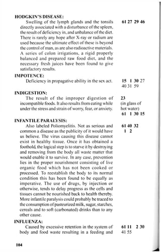 HODGKIN'S DISEASE:
Swelling of the lymph glands and the tonsils 61 27 29 46
directly associated with a disturbance of the spleen,
the result of deficiency in, and unbalance of the diet.
There is rarely any hope after X-ray or radium are
used because the ultimate effect of these is beyond
the control of man, as are also radioactive materials.
A series of colon irrigations, a rigid properly
balanced and prepared raw food diet, and the
necessary fresh juices have been found to give
satisfactory results.
IMPOTENCE:
Deficiency in propagative ability in the sex act. 15 1 30 27
40 31 59
INDIGESTION:
The result of the improper digestion of 23
incompatible foods. It also results from eating while (in glass of
under the stress and strain of worry, fear, or anxiety. hot water)
61 1 30 15
INFANTILE PARALYSIS:
Also labeled Poliomyelitis. Not as serious and 61 40 32
common a disease as the publicity of it would have 1 2
us believe. The virus causing this disease cannot
exist in healthy tissue. Once it has obtained a
foothold, the logical step is to starve it by destroying
and removing from the body all waste matter that
would enable it to survive. In any case, prevention
lies in the proper nourishment consisting of live
organic food which has not been cooked or
processed. To reestablish the body to its normal
condition this has been found to be equally as
imperative. The use of drugs, by injection or
otherwise, tends to delay progress as the cells and
tissues cannot be nourished back to health thereby.
More infantile paralysis could probably be traced to
the consumption of pasteurized milk, sugar, starches,
cereals and to soft (carbonated) drinks than to any
other cause.
INFLUENZA:
Caused by excessive retention in the system of 61 11 2 30
body and food waste resulting in a feeding and 41 55
104
 