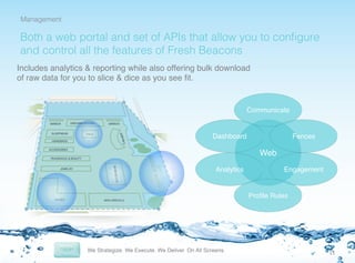 Management

!

Both a web portal and set of APIs that allow you to conﬁgure
and control all the features of Fresh Beacons
Includes analytics & reporting while also offering bulk download
of raw data for you to slice & dice as you see ﬁt.!

Communicate

Fences

Dashboard

Web
Analytics

Engagement

Proﬁle Rules

11	
  

 