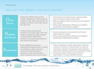 Management

!

How can Fresh Beacon help your business?!

Online
Brands !

Retailers
and Venues !

Ad networks !

Extend the effectiveness of their
mobile strategies by adding real-time
context to their offers and services to
engage customers in the right way at
the right time. !

Enable brands with physical
locations to increase sales and drive
loyalty by delivering highly relevant
communications while those
consumers are physically present in
their stores and venues.!
Drive additional revenue by
extending the effectiveness of mobile
advertising by adding real-time
context and precise location
relevance to the ads they serve
when consumers are out and about.!

•  Build loyalty and preference by making mobile
communications relevant and timely!
•  Make competitive offers based on current location
and interests!
•  Reﬁne and improve their offerings via analytics
provided by Fresh Beacon platform!
•  Send customized communications and make
offers based on interest!
•  Reﬁne and improve their offerings via analytics
provided by Fresh Beacon platform!

•  Extend targeting of mobile ads beyond ‘what the
customer is doing on mobile device’ to ‘what the
customer is doing in the physical world’ matched
against the interests found in the customer’s proﬁle!
•  Proximity-enable traditional Out-Of-Home
advertising to increase ad effectiveness!

12	
  

 