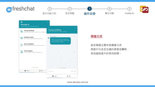 頻道分流
設定頻道主題來做通道分流
將客戶分派至合適的頁面或團隊，
有效縮短客戶的等待時間。
2 4 5
常見問題 進件派發 廣告活動 Freddy AI
基本功能介紹
1 3
 