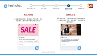 觸發式訊息
主動瞄準您的訪客，並根據他們的來源、身分
和在網站上進行的操作傳送個性化訊息。
目標式訊息
根據產品使用、行為或活動區分您的顧客和用
戶。傳送或安排公告、收集意見、促進回購或
提升採納率。
2 3 5
常見問題 進件派發 廣告活動 Freddy AI
基本功能介紹
1 4
 