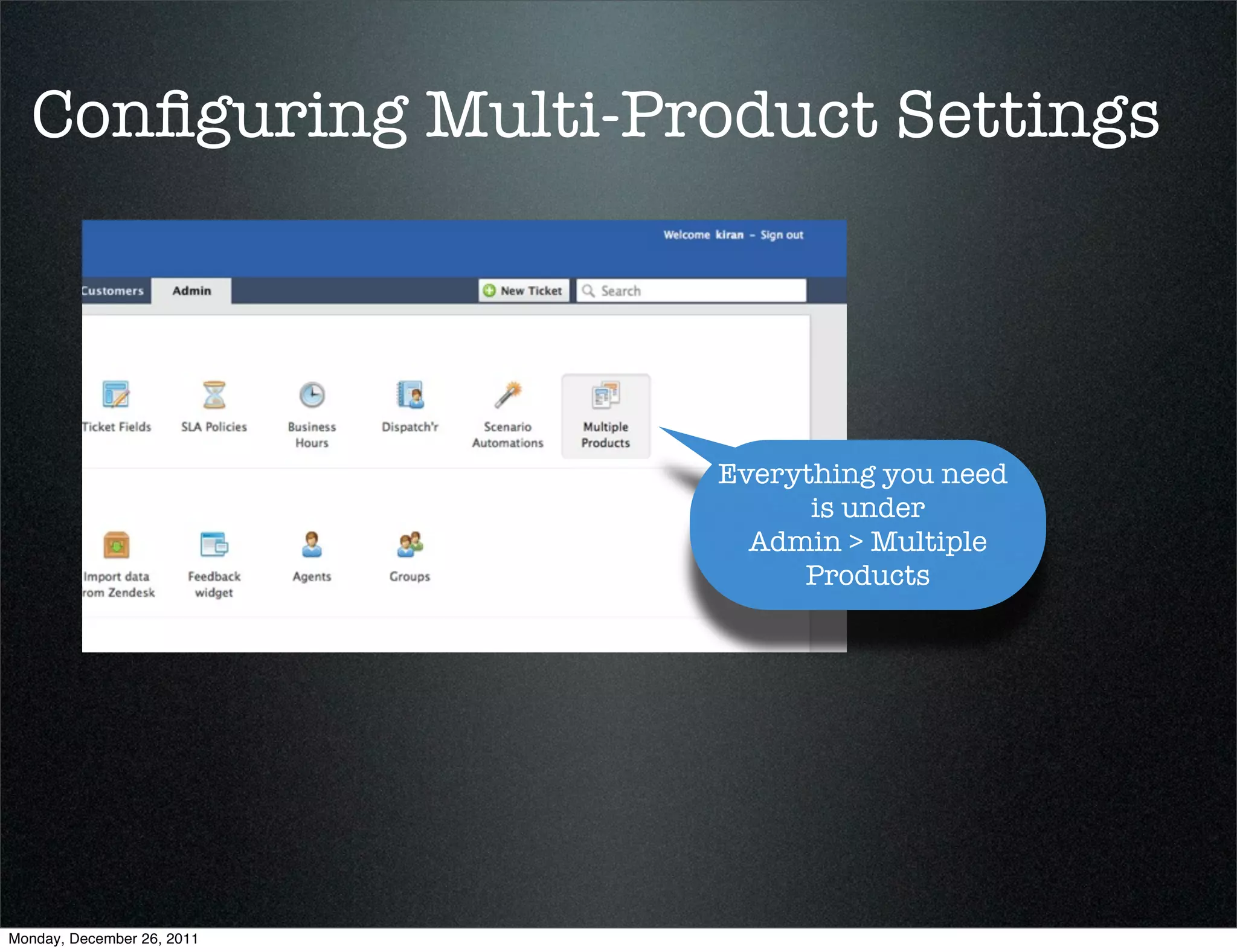 Configuring Multi-Product Settings
Everything you need
is under
Admin > Multiple
Products
Monday, December 26, 2011