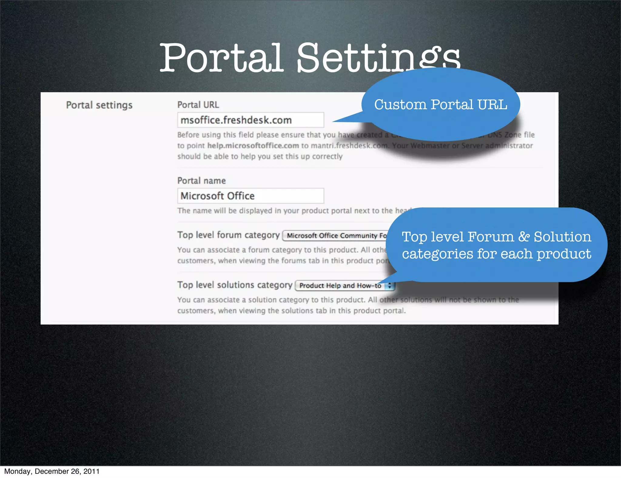 Portal Settings
Custom Portal URL
Top level Forum & Solution
categories for each product
Monday, December 26, 2011