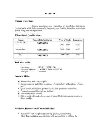 xxxxxxxx
Career Objective:
Seeking a position where I can utilize my knowledge, abilities and
Personal skills while being resourceful, innovative and flexible that offers professional
growth along with the organization.
Educational Qualifications:
Course Name of the Institution Year of Study Percentage
B.Tech.(ECE) xxxxxxxx
2003 - 2007 65.20
Intermediate xxxxxxxx 2001 - 2003 83.60
SSC xxxxxxxx 2000- 2001 84.60
Technical skills:
Languages : C , C++, VHDL, .Net
Operating Systems : MS-DOS, WIN 98/2000/XP
Packages :Multisim.
Personal Skills:
 Always owed with “can-do spirit”.
 Decision-making leadership, acceptance of responsibility and evidence of team-
work.
 Quick learner, resourceful, productive, and with good sense of humour.
 Comprehensive problem solving abilities.
 Hard worker while creative.
 Able to work independently, as a part of team, able to vaporize and grasp new
things quickly.
Academic Honours and Extracurricular:
 As someone with exceptional leadership qualities, nominated as
Class Representative, a position that held responsibility in bridging the
 