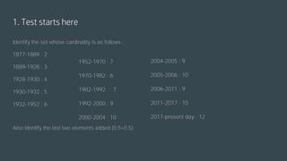 1. Test starts here
Identify the set whose cardinality is as follows :
1877-1889 : 2
1889-1928 : 3
1928-1930 : 4
1930-1932 : 5
1932-1952 : 6
Also identify the last two elements added (0.5+0.5)
1952-1970 : 7
1970-1982 : 6
1982-1992 : 7
1992-2000 : 9
2000-2004 : 10
2004-2005 : 9
2005-2006 : 10
2006-2011 : 9
2011-2017 : 10
2017-present day : 12
 
