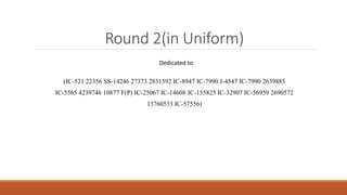 Round 2(in Uniform) 
Dedicated to 
(IC-521 22356 SS-14246 27373 2831592 IC-8947 IC-7990 J-4547 IC-7990 2639885 
IC-5565 4239746 10877 F(P) IC-25067 IC-14608 JC-155825 IC-32907 IC-56959 2690572 
13760533 IC-57556) 
 