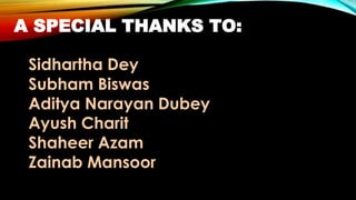 A SPECIAL THANKS TO:
Sidhartha Dey
Subham Biswas
Aditya Narayan Dubey
Ayush Charit
Shaheer Azam
Zainab Mansoor
 