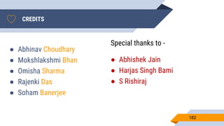 CREDITS
● Abhinav Choudhary
● Mokshlakshmi Bhan
● Omisha Sharma
● Rajenki Das
● Soham Banerjee
182
● Abhishek Jain
● Harjas Singh Bami
● S Rishiraj
Special thanks to -
 
